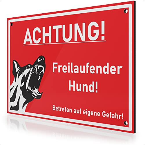 FLAGLY Premium Warnschild Hund 30x20cm aus 3mm Alu Dibond inkl. Bohrungen MADE IN GERMANY - stabiles Hinweisschild/Warnschild, wetterfest & UV-beständig