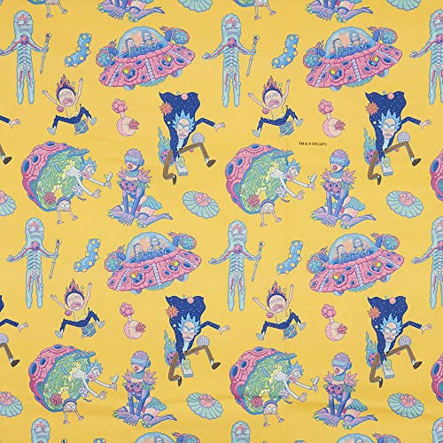 Kt KILOtela - Leinwandstoff, Digitaldruck, Polster, Kissen, Vorhänge, Halbpanama, Baumwolle, Patchwork, 100 cm Länge x 140 cm Breite, Rick und Morty - Orange, Rosa, Blau - 1 Meter