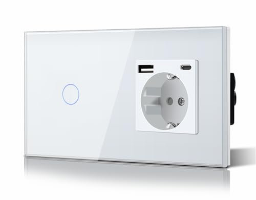 BSEED Schuko Lichtschalter mit Steckdose Unterputz 1 Fach 1 Weg Lichtschalter + 3 in 1 Steckdose mit 2.1 A USB Ladeleistung und Type C Adapter Aufladestation Verlängerungssteckdosen Glas 157mm Weiß