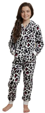A2Z 4 Kids Girls Onesie Leopard Pyjama Sets A2Z Onesie One Piece Hooded All In One Jumpsuit - E.Soft 154 White 5-6