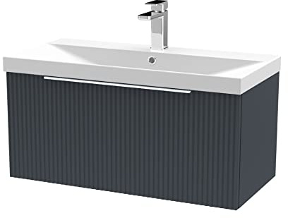 Hudson Reed DFF1496D Fluted Modern Bathroom Wall Hung 1 Drawer Vanity Basin Unit with Thin-Edge Ceramic Basin, 800mm, Soft Black