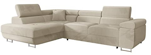 Canapé d'angle Convertible Torezio avec Coffre de lit et appuie-tête réglable. Angle Gauche en Tissu Beige