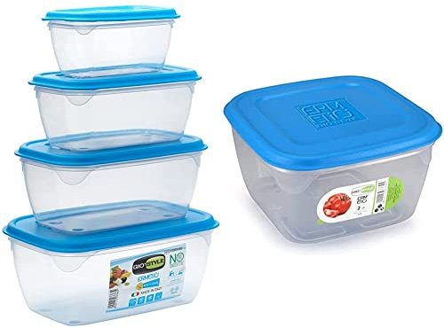 GioStyle Set 4 Contenitori Rettangolari Ermetici (0.5L + 1L + 1.5L + 2L) & Contenitore Ermetico Quadrato, Capaità 2 Lt