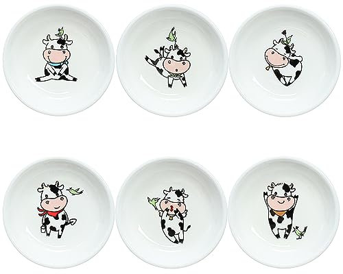 Bicuzat Lustige Keramik-Saucenschalen mit Kuh-Vogel-Muster, Gewürzschalen, Sushi-Soja-Dipschalen, Vorspeisen-Teller, Dessertteller, kleine Katze, Vogelfutterschalen, Set mit 6 bunten 8,9 cm