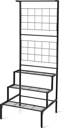 TANGZON 3-Tier Metal Hanging Plant Stand, Freestanding Flower Pot Ladder Rack with 2 Trellis & Hanging Rod, Indoor Outdoor Potted Plant Holder Display Shelving Unit for Home Patio Balcony Garden