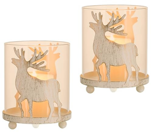 Sziqiqi Stag Pillar Candle Holders Shabby Chic, Vintage Hurricane Tea Light Candle Holder Set of 2, Decorative Reindeer Candle Stands Centerpieces for Christmas Table Mantle Fireplace Decoration