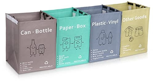 BOMEI PACK 4 Packs Recycling Bags with handle Separate Sorting Organizer Woven waste Bin bag Waterproofs for Kitchen Home Office Heavy Duty Reusable Storage bag,Easy clean