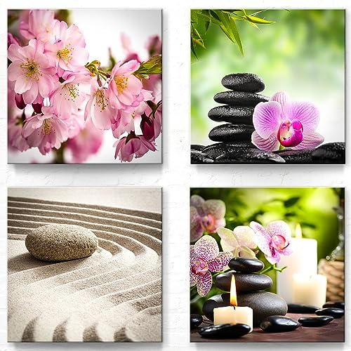 Moderne Deko Bilder für Wohnung und Büro als Leinwandbilder im 4er Set A - 40x40cm je Wandbild. Das Bilder-Set A mit Feng Shui Motiven wird aufhängefertig an Sie versandt