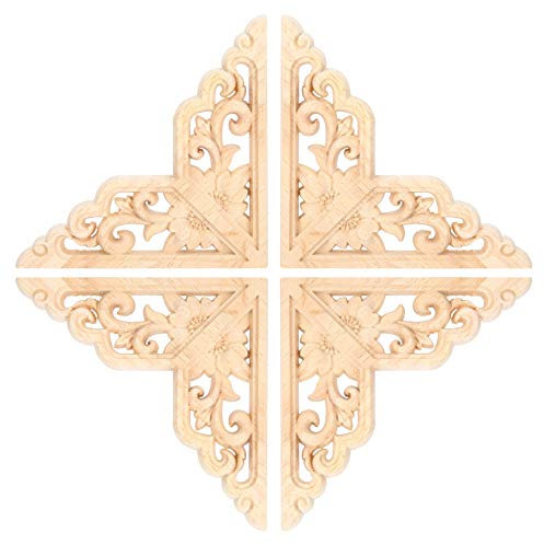 Tissting Holz Geschnitzt Ornament 4 Stück 3,9x3,9x0,3 Zoll (10x10x0,7 cm) Eckapplikationen - Europäischer Stil Holzschnitzerei Für Wohnmöbel Dekoration Türen Schränke Fenster Tische TV-Schränke