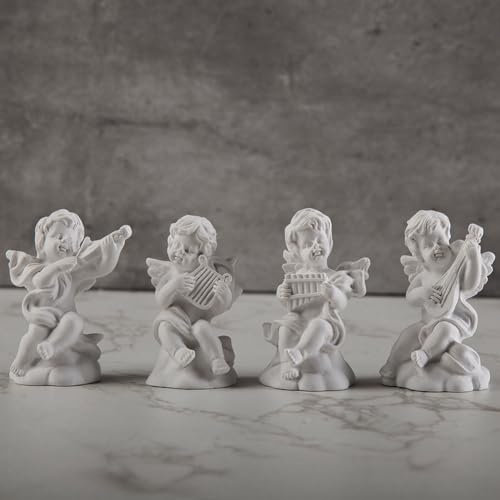 Bullpiano 4 x Engelsfiguren, 7 cm, musikalische kleine Engelsstatue, Mini-Engelsfiguren, aus Kunstharz, bezaubernde Engelskulptur, die ein Musikinstrument hält, Miniatur-Engelsstatuen,