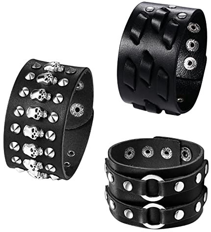 JewelryWe Schmuck 3pcs Leder Armband Herren Punk Rock Gothic Breit Manschette Lederarmband mit Totenkopf Schädel Ring Nieten Geflochten Verstellbar Armreif Geschenke für Männer Schwarz