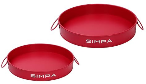simpa Round 2PC Metal Colour Serving Trays Set with Handles, 30cm & 25cm Diameter Trays - Matt Red