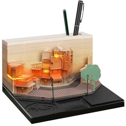 Kreativer 3D Notizblock Tischkalender 2024, Kalender 2024 mit beleuchteten Haftnotizen und Stifthalter, 3d Kalender - zur Dekoration von Zimmern und Wohnzimmern, Desktop-Ornament, Papierskulptur