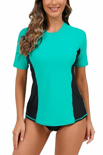 Halcurt Women's Short Sleeve Rash Guard Swimsuit Top with Built in Bra Swim Shirt UPF50+ Quick Dry Bathing Suit, Turquoise Black/ Built in Bra, XXL