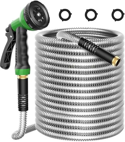 EONFAY Metall-Gartenschlauch, 30,5 m, Edelstahl-Wasserschlauch, auslaufsicher, mit 10 Funktionen, 1,9 cm Armaturen, flexibler Gartenschlauch, langlebig, leicht, knickfreier Wasserschlauch, für Hof,