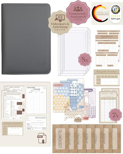 BeginnerBudget® Budget Planner Deutsch - Starterset mit Sparchallenge Budgetplaner - Sparen mit Umschlagmethode + Anleitung - Ringbuch - Binder A6 Geldbeutel Zipper (Grau)