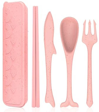 Ensemble de couverts réutilisables en plastique avec étui, cuillères, fourchettes, couteaux pour boîte à déjeuner, école, voyage, pique-nique, camping, usage quotidien (1, rose)