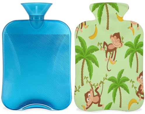 Palm Banana Funny Monkey Hot Water Bottle with Cover 2L Large Capacity Bottle Water Bag for Cosy Nights Relief Pain Back Neck and Shoulders