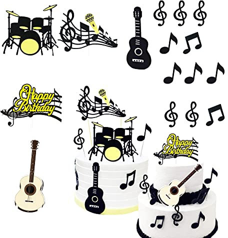 JIALWSJWAN 32 Pcs Rock Star Happy Birthday Cake Topper Music Notes Cupcake Decoration Electric Guitar Themed Cake Decoration for Birthday Party Supplies