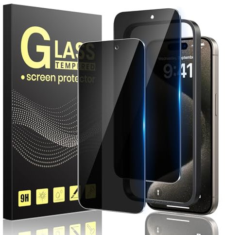 Guretok 2 Stück für Panzerglas Sichtschutz für iPhone 15 Pro mit Rahmen 6,1 Zoll, Dunkle Schutzfolie für iPhone 15 Pro Schutzglas Privacy [Kratzfest] [9H-Härte] [Anti-Spy Folie]