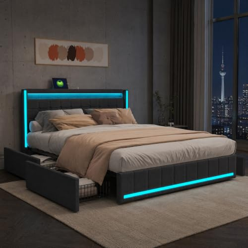 Polsterbett 140x200 mit 4 Schubladen, Doppelbett mit LED Kopfteil, USB, Stauraumbett mit Lattenrost Jugendbett mit Stauraum Schubladen Funktionsbett mit Bettkasten Erwachsenenbett, Ohne Matratze