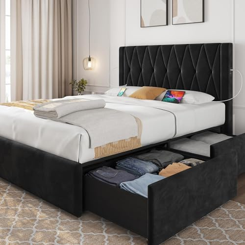 Yaheetech Double Bed Frame Upholstered Bed Frame with 4 Storage Drawers/Diamond Tufted Headboard, Built-In USB Ports/Upholstered Platform Bed with Sturdy Wood Slat, Black Double Bed