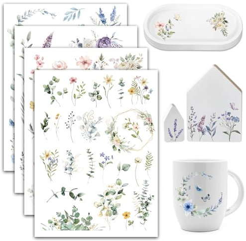 BOOMTOP 4 Blatt Rub On Sticker Blumen Transferaufkleber Selbstklebend Frühling Eukalyptus Blätter Pflanzen Aufkleber Rub On Folie Blume Schmetterling Rub Ons Flowers für Glas Holz Möbel Keramik