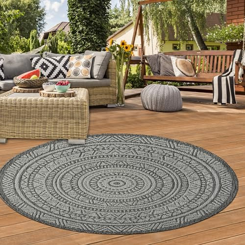Teppich-Traum Teppich Balkonteppich Wintergarten Terrassenteppich Camping Außenteppich Terrasse Balkon mit schickem Mandaladesign in Anthrazit, 120 cm Rund