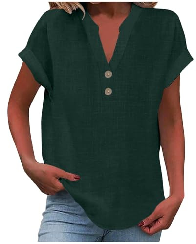 KOG Leinenbluse Damen Elegante Baumwolle Leinen Tshirt Leinenshirt Lose Kurzarm Blusen Frau Longshirt Oversized Tee T-Shirt Teenager Mädchen Freizeit Longbluse Leinenhemd Große Größen Bluse Oberteile