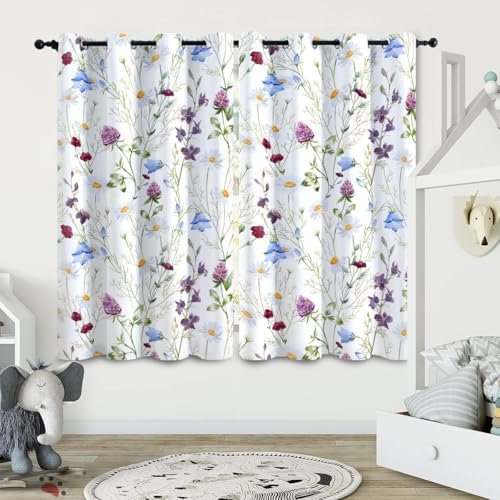 ZZTBQ Aquarell Blumen Verdunklungsvorhänge mit Ösen Blumen Pflanzen Floral2er Set H 160 x B 140 cm Thermovorhang gegen Kälte Ösenschal Bunte Blumen Blickdichte Gardinen Schlafzimmer Blackout Vorhang