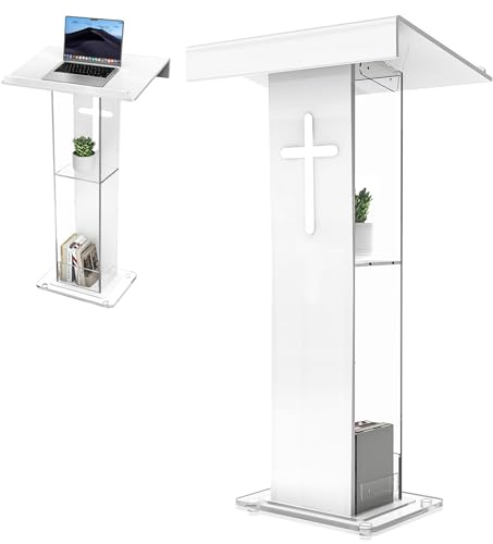 Acryl Podium, Weiß Acryl Rednerpult mit Speicher Regal & Kruzifix, Kirche Kanzel mit Verdickt Breiter Leseplattform, Stabilität Podium Ständer for Kirche, Vortrag, Hochzeit, Klassenzimmer(60x40x115cm)