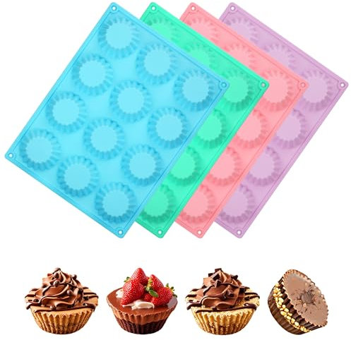Tranrantic 4 Pcs Silicone Chocolate Baking Moulds, Peanut Butter Cup Mould, Reusable Cupcake Moulds for Chocolate, Easy Demolding Silicone Muffin Trays for Sweet,Jelly, Cupcake(Blue+Green+Pink+Purple)