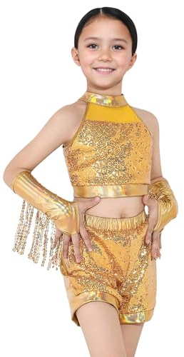 SEAUR Girls Metallic Crop Top Sequins Ballet Dance Sets Hip Hop Jazz Short Shiny Tank Top Kids Rumba Hip Hop Outfits Wristbands