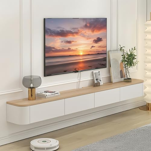 Ecoxsnz Floating TV Unit Wall Mounted, Large Storage TV Cabinet with Doors & Drawers, Modern Entertainment Console for Living Room (Wood + White, 120cm)