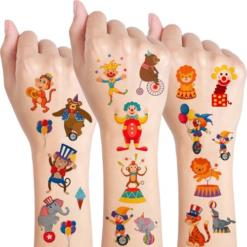 Qpout 10 Blatt Zirkus-Tattoos für Kinder, niedliche Zirkusaufkleber für Geburtstagsfeiern, Karneval, Klassenzimmer Belohnungen für Jungen und Mädchen