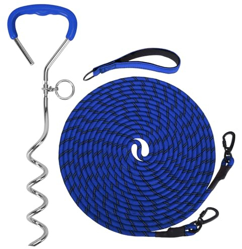 Mihachi Dog Tie Out Stake and Long Dog Leash, Reflective Recall Training Lead Leash with Removable Handle, 15.8in Ground Stake, Ideal for Yard, Camping and Beach, Suitable for Large Dogs,Blue 15FT