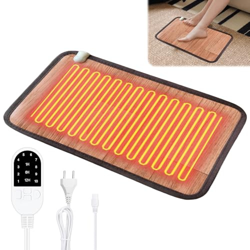 Heizmatte Füße, TGKYK 30 * 50 cm Beheizbare Fußmatte mit 10 Heizstufen und 3 Timern, Kohlenstoffkristall Heizmatte Fußboden, Fußwärmer, Elektrischer Heizteppich für Zuhause und Büro (Holzmaserung)