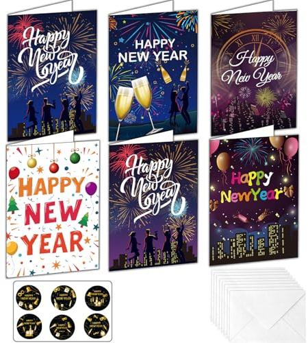Flankor Happy New Year Cards with Envelopes - 6Pcs Greeting Cards with Stickers for Family New Year Party Gift Favor Supplies