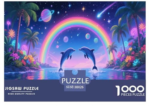 Neon Delfine | Romantischer Regenbogen Herausforderndes Puzzle 1000 Teile, Bildungsspiel Familiegeeignetes Spielzeug Für Erwachsene Und Kinder, Fein Wohndekor | Geschenk 38x26cm/1000pcs