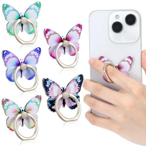 Ouligay 5 Stück Handy Ring Halterung Schmetterling 360° Drehung Fingerringgriff Ständer Handyringhalterung Finger Selbstklebend Handy Fingerhalterung Tragbarer Ring für Handyhülle Handys Smartphones