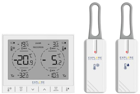 Explore Scientific termometro digitale con due sensori esterni per frigo | Doppia sonda separata per frigo e freezer, con monitoraggio in tempo reale, Memoria Storico 24h,Display LCD, Batterie Incluse