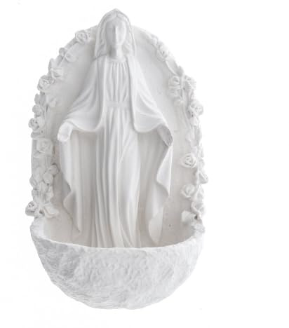 SHALOM - Acquasantiera Madonna Immacolata con Rose, in Resina Bianca. Altezza 16 Cm