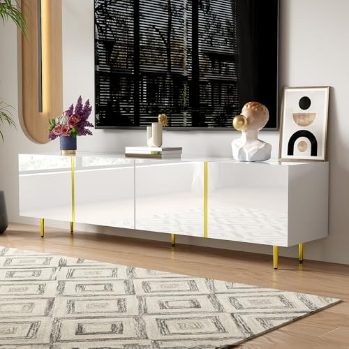 BNUZ Mobile TV bianco lucido 50 x 170 cm con 4 ante, moderno e semplice, in combinazione di colori bianco-oro