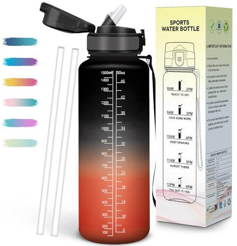 Mulbijeo Gourde Paille 1,5L, Étanche, Gourde Avec Paille Adulte, Échelle de Temps et Slogans de Motivation, Bouteille Sport, Portable, Bouteille d'eau pour Randonnée, Camping, Fitness, Cyclisme