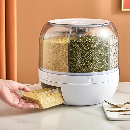 FYNORA 6 Grid Rotating Grain Dispenser, Rice Storage Container Airtight Food Storage Dispenser for Cereal, Pulses, Lentils & Dry Food, Kitchen Grain Storage Organizer