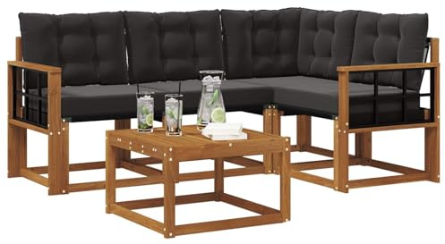 vidaXL Outdoor-Sofagarnitur mit Kissen 5 pcs Natürlich und Schwarz, Moderne Garten-Sofa-Set, robuster Sitzplatz, Loungesessel am Pool, wetterfest, Akazienmöbel