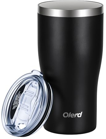 Olerd 600ml Ceramic Lined Travel Mug, Leakproof Insulated Coffee Cup, Black | Double-Wall Vacuum Keeps Drinks Hot/Cold 6Hrs, Splash-Proof Lid, Non-Slip Base, Slim Design Fits Car Holders, BPA-Fre