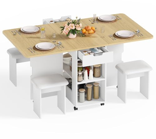 Mondeer Essgruppe mit Klapptisch und 4 Stühlen, platzsparender Esstisch | 3-in-1 Klapptisch mit Rollen, 2 Schubladen und 2 offenen Ablagen für Essen, Arbeiten und Aufbewahrung, kleine Räume