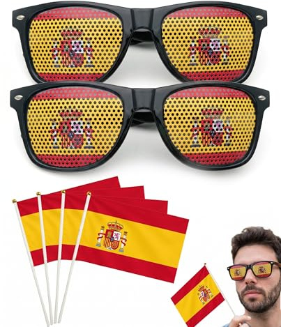 TISCH Set fan España: 2 gafas sol rojo amarillo & 4 banderas mano 14x21cm, outfit fiesta día nacional desfile evento deportivo