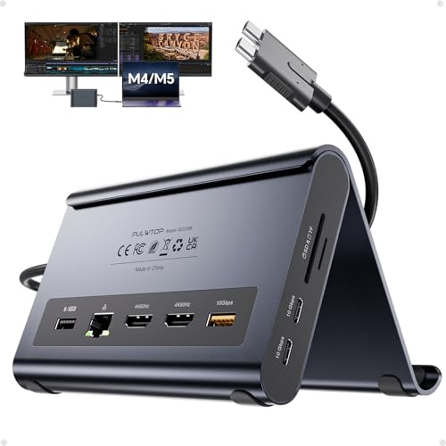MacBook Docking Station Dual Monitor 4K@60Hz, PD 100W für Pro/Air M4/M5 | PULWTOP Docking Station USB C mit 2xHDMI, 10Gbps USB A/C, Ethernet, Audio, SD/TF, USB2.0 als MacBook Stand - Mitternacht